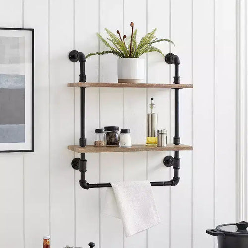 Danya B. 2-Tier Olivia Pipe Wall Shelf Unit with Hanging Rod Black/Rustic: Laminated Iron Storage, Includes Mounting Hardware