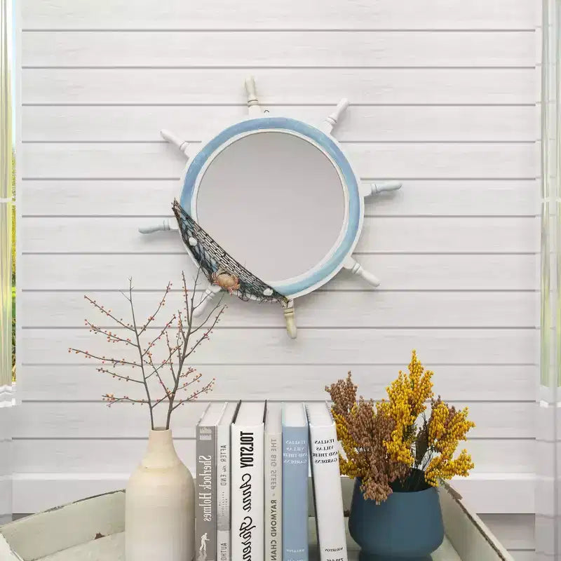 Wood Sail Boat Ship Wheel Wall Mirror with Netting Accent White - Olivia & May: Nautical Decor, Round Shape, No Assembly Required