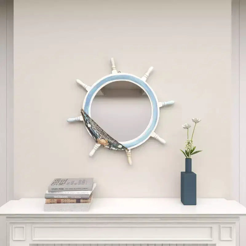 Wood Sail Boat Ship Wheel Wall Mirror with Netting Accent White - Olivia & May: Nautical Decor, Round Shape, No Assembly Required