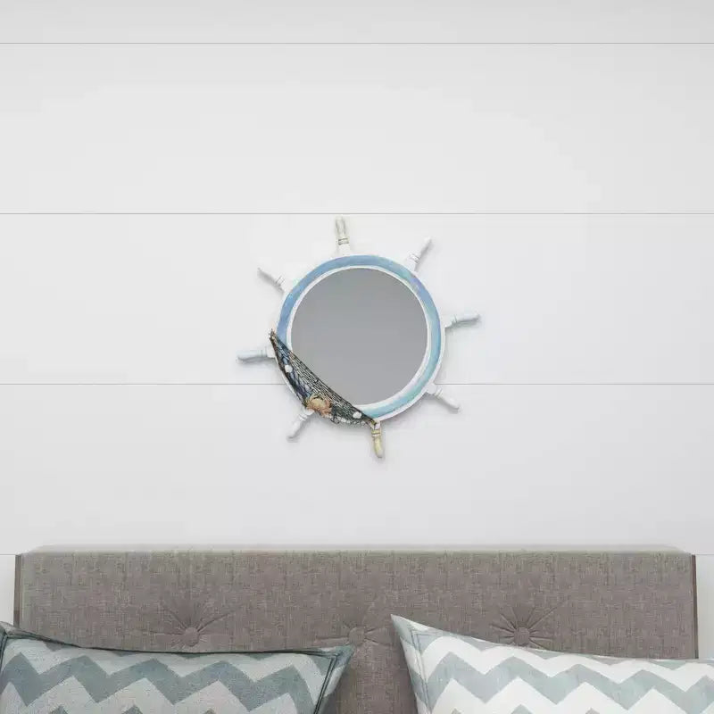 Wood Sail Boat Ship Wheel Wall Mirror with Netting Accent White - Olivia & May: Nautical Decor, Round Shape, No Assembly Required