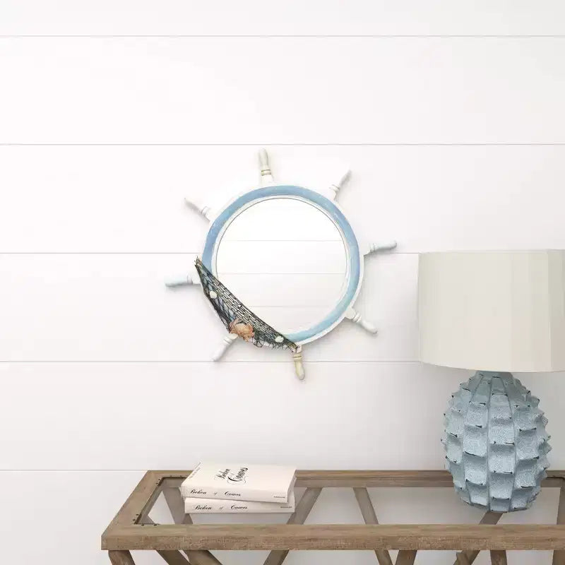Wood Sail Boat Ship Wheel Wall Mirror with Netting Accent White - Olivia & May: Nautical Decor, Round Shape, No Assembly Required