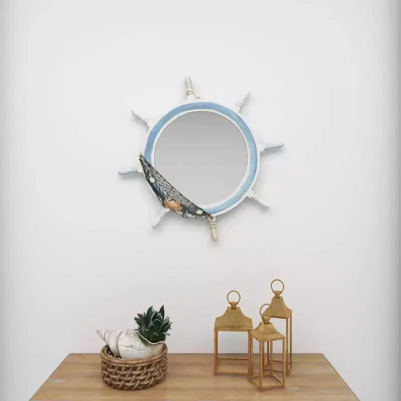 Wood Sail Boat Ship Wheel Wall Mirror with Netting Accent White - Olivia & May: Nautical Decor, Round Shape, No Assembly Required