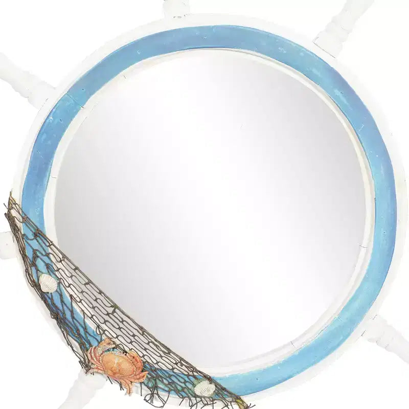 Wood Sail Boat Ship Wheel Wall Mirror with Netting Accent White - Olivia & May: Nautical Decor, Round Shape, No Assembly Required