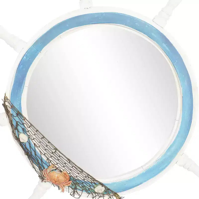Wood Sail Boat Ship Wheel Wall Mirror with Netting Accent White - Olivia & May: Nautical Decor, Round Shape, No Assembly Required