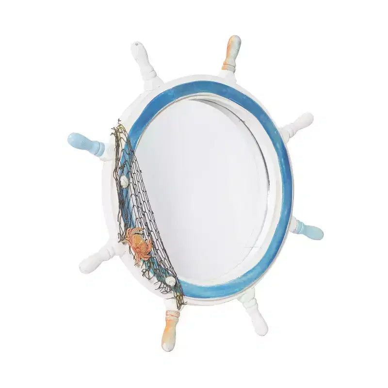 Wood Sail Boat Ship Wheel Wall Mirror with Netting Accent White - Olivia & May: Nautical Decor, Round Shape, No Assembly Required