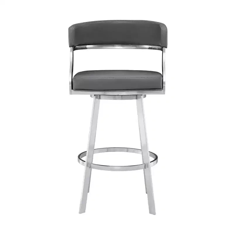 Armen Living 30" Saturn Faux Leather Stainless Steel Barstool Gray: Swivel, Low Back, Footrest, Fixed Height