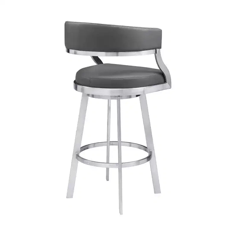 Armen Living 30" Saturn Faux Leather Stainless Steel Barstool Gray: Swivel, Low Back, Footrest, Fixed Height