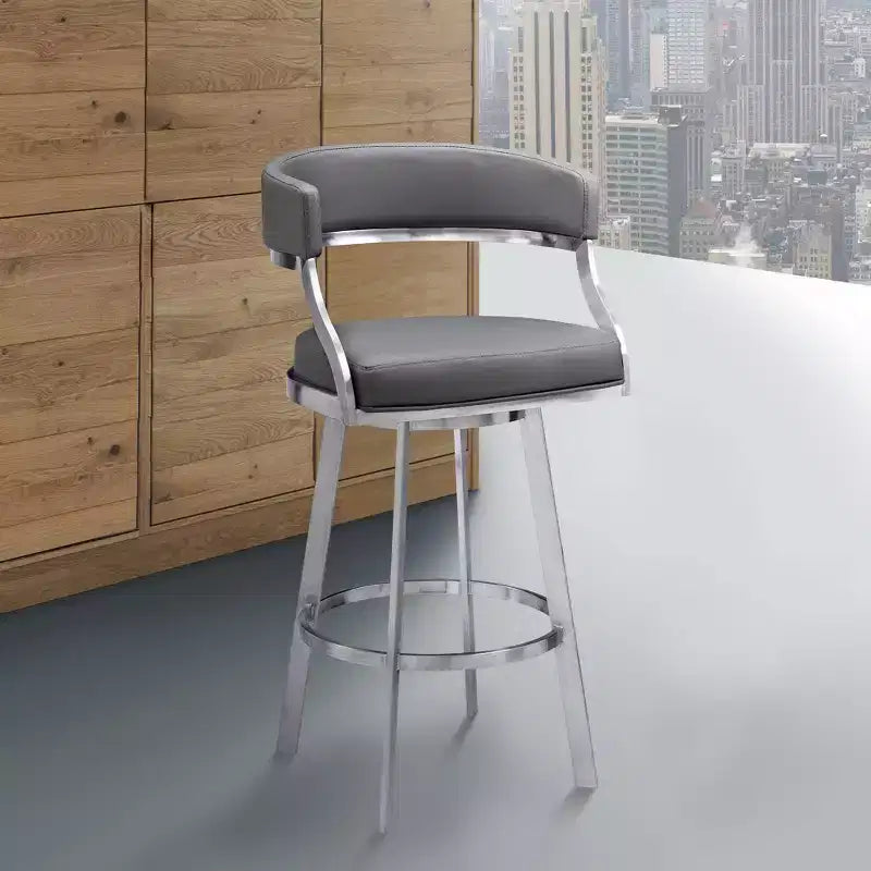 Armen Living 30" Saturn Faux Leather Stainless Steel Barstool Gray: Swivel, Low Back, Footrest, Fixed Height