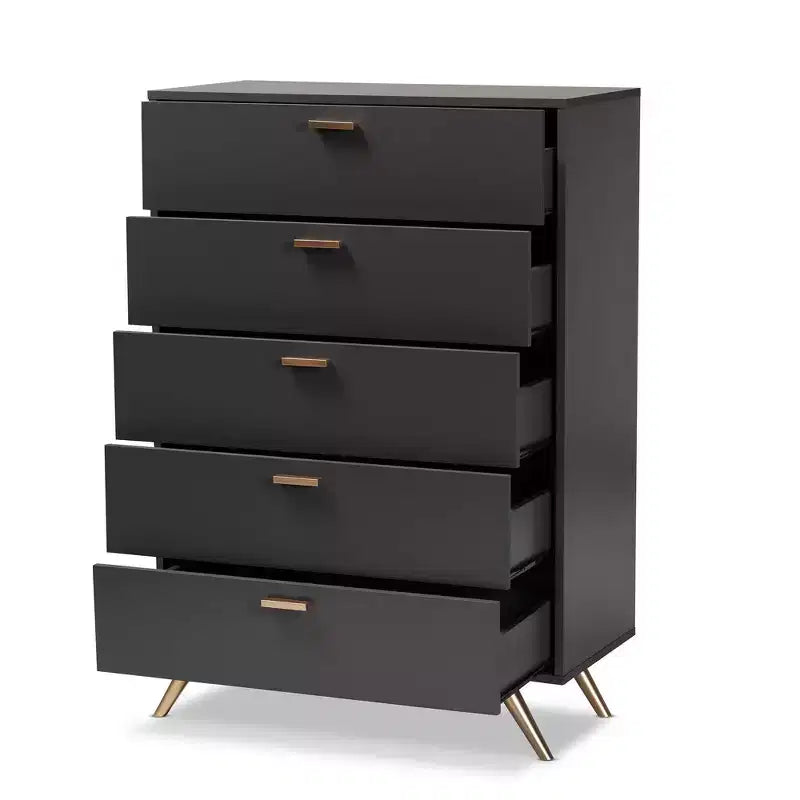 Kelson Wood 5 Drawer Chest Dark Gray/Gold - Baxton Studio: Modern Storage for Bedroom