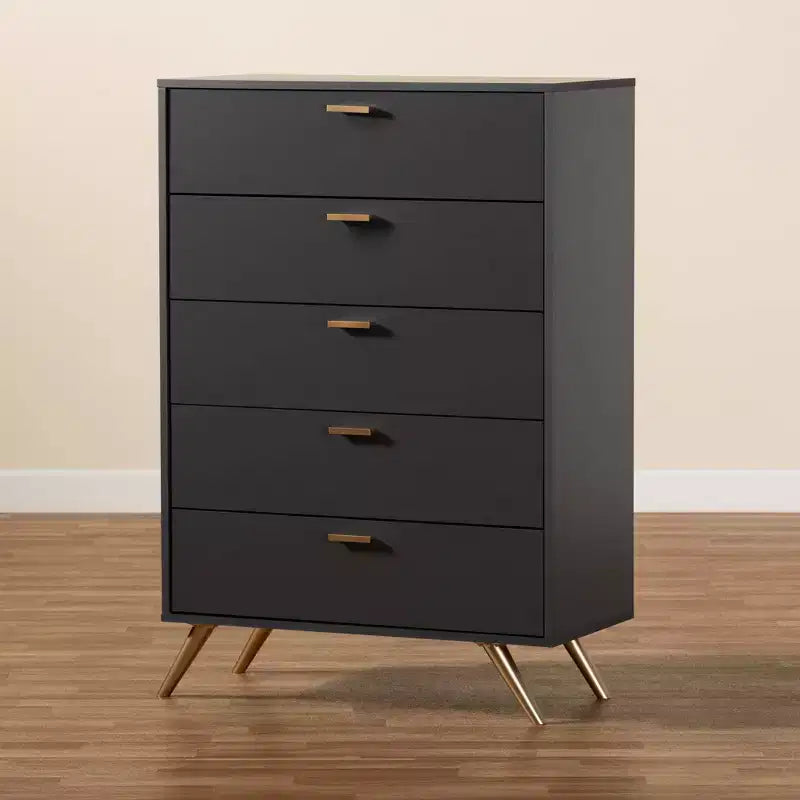 Kelson Wood 5 Drawer Chest Dark Gray/Gold - Baxton Studio: Modern Storage for Bedroom