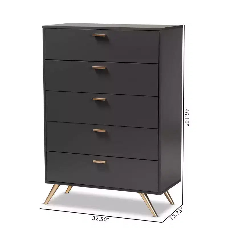 Kelson Wood 5 Drawer Chest Dark Gray/Gold - Baxton Studio: Modern Storage for Bedroom