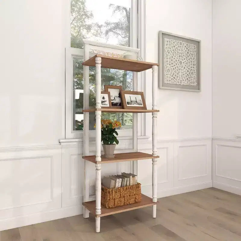 Farmhouse Pine Wood Shelving Unit White - Olivia & May: 4-Tier Bookcase, Tall Storage Organizer