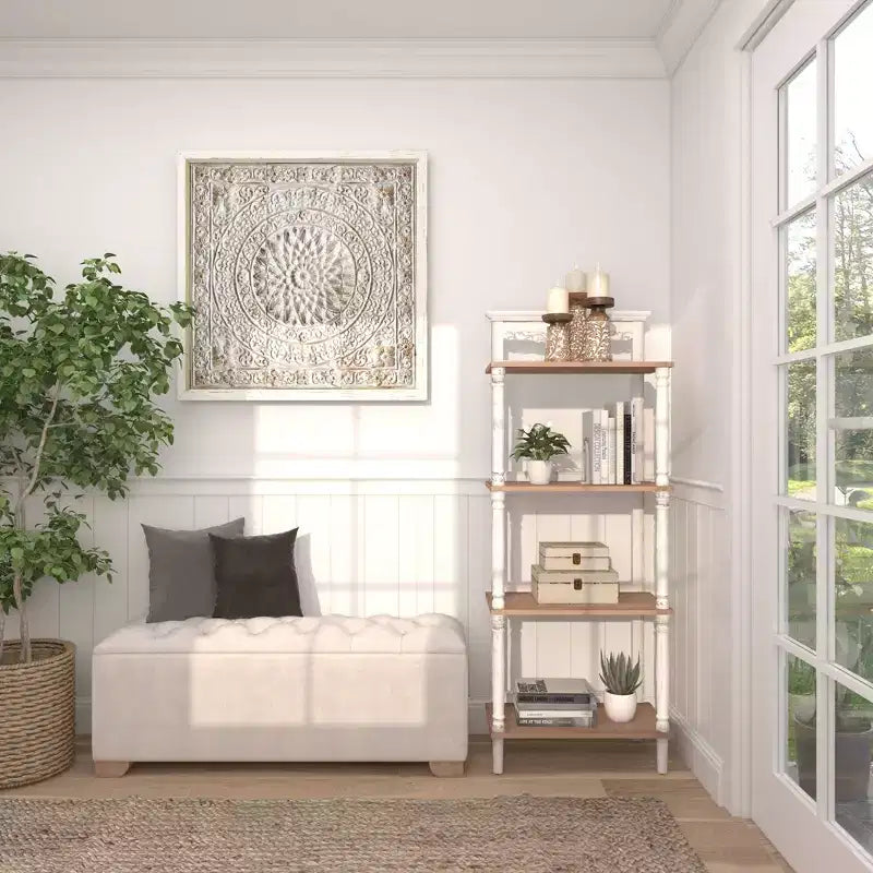Farmhouse Pine Wood Shelving Unit White - Olivia & May: 4-Tier Bookcase, Tall Storage Organizer