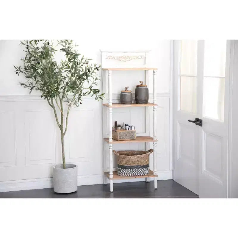 Farmhouse Pine Wood Shelving Unit White - Olivia & May: 4-Tier Bookcase, Tall Storage Organizer