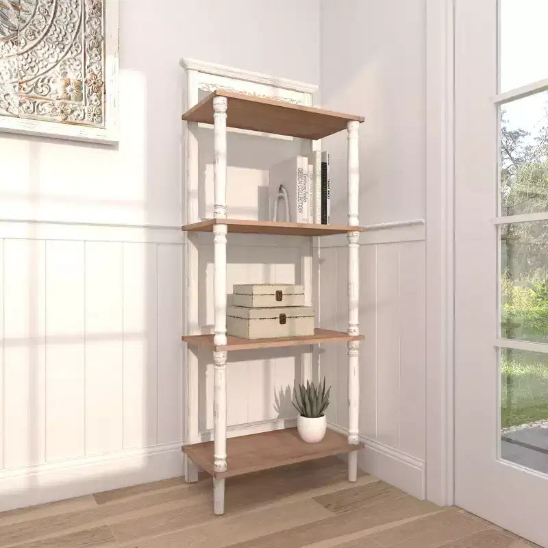 Farmhouse Pine Wood Shelving Unit White - Olivia & May: 4-Tier Bookcase, Tall Storage Organizer