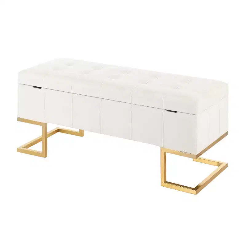 LumiSource 41" Midas Glam Storage Bench Steel/Velvet Gold/White: Upholstered Ottoman with Lift-Top, Tufted Design