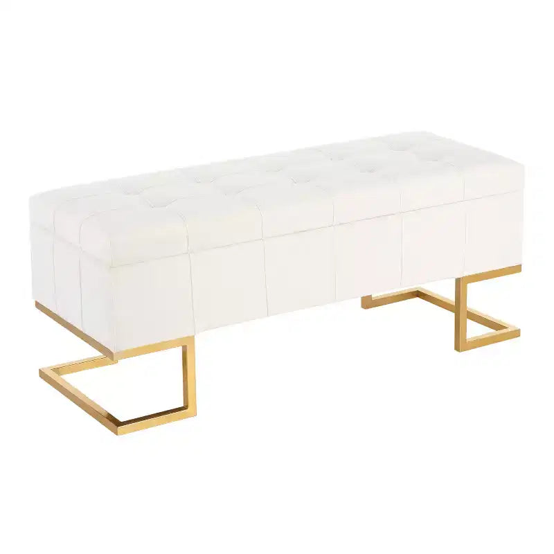 LumiSource 41" Midas Glam Storage Bench Steel/Velvet Gold/White: Upholstered Ottoman with Lift-Top, Tufted Design