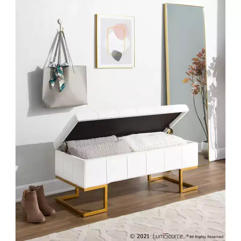 LumiSource 41" Midas Glam Storage Bench Steel/Velvet Gold/White: Upholstered Ottoman with Lift-Top, Tufted Design