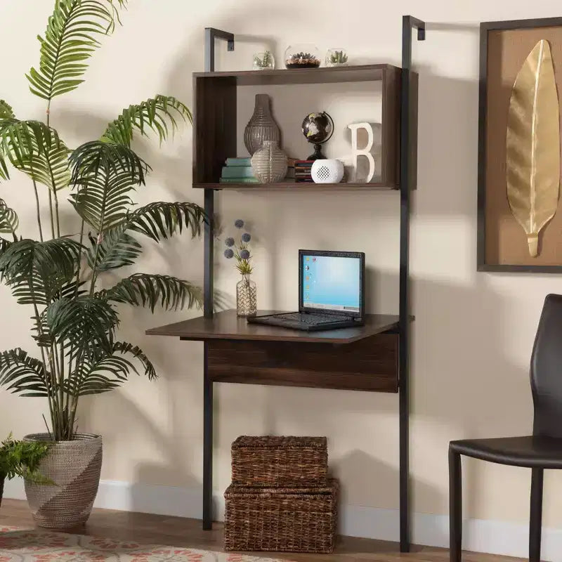Fariat Walnut Wood and Metal Display Shelf with Desk Brown/Black - Baxton Studio