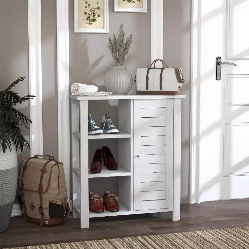 24/7 Shop At Home Bednar Storage Accent Cabinet White Oak: Modern Farmhouse Design, Shutter Doors, 6 Shelves