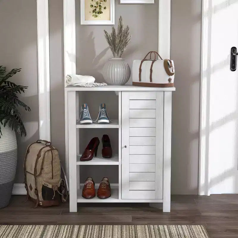 24/7 Shop At Home Bednar Storage Accent Cabinet White Oak: Modern Farmhouse Design, Shutter Doors, 6 Shelves