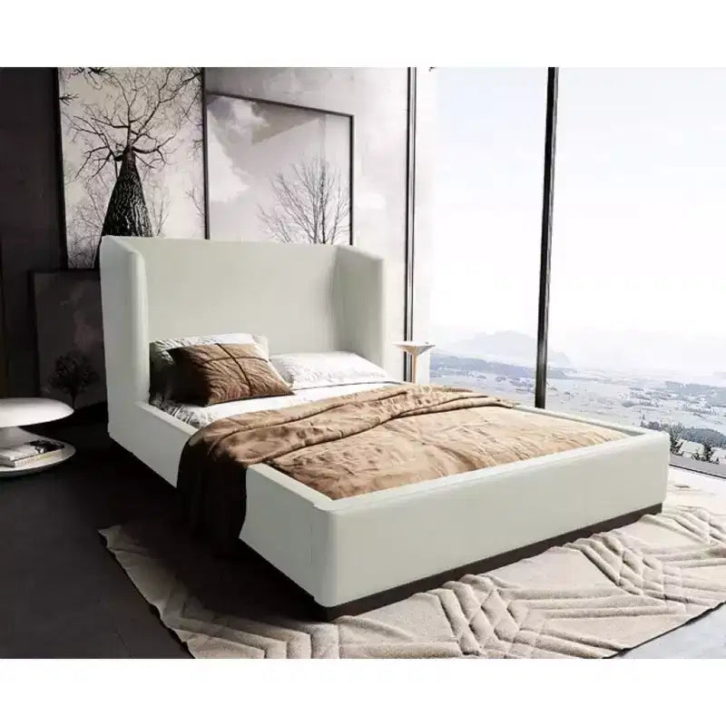 Manhattan Comfort Queen Lenyx Upholstered Bed Cream: Faux Leather, Platform, No Box Spring Needed