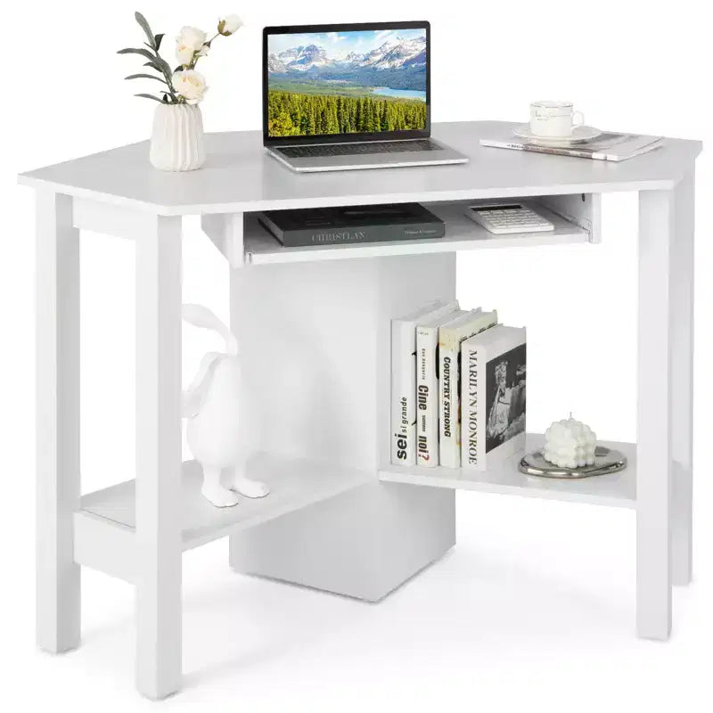 Costway Wooden Corner Desk With Drawer Computer PC Table Study Office Room White