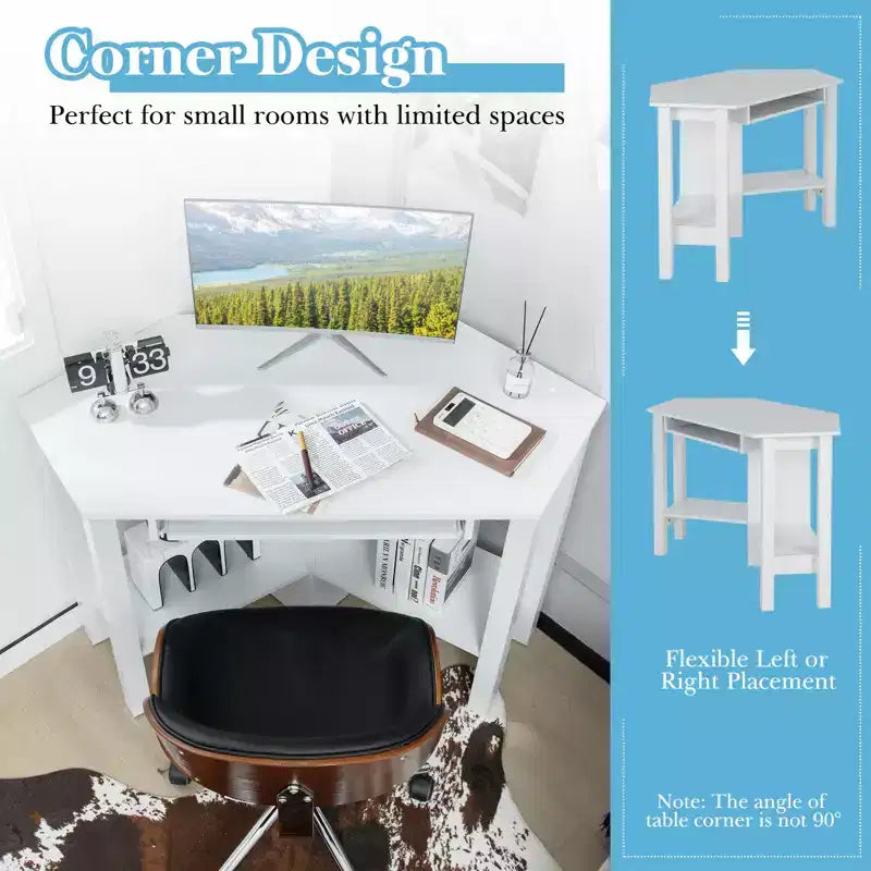 Costway Wooden Corner Desk With Drawer Computer PC Table Study Office Room White