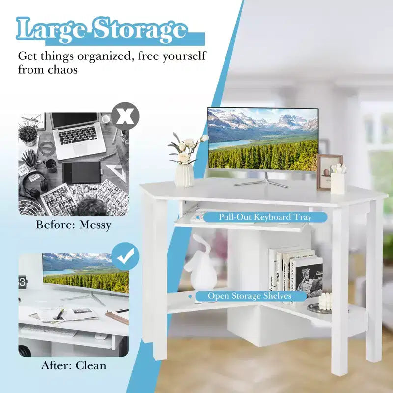 Costway Wooden Corner Desk With Drawer Computer PC Table Study Office Room White