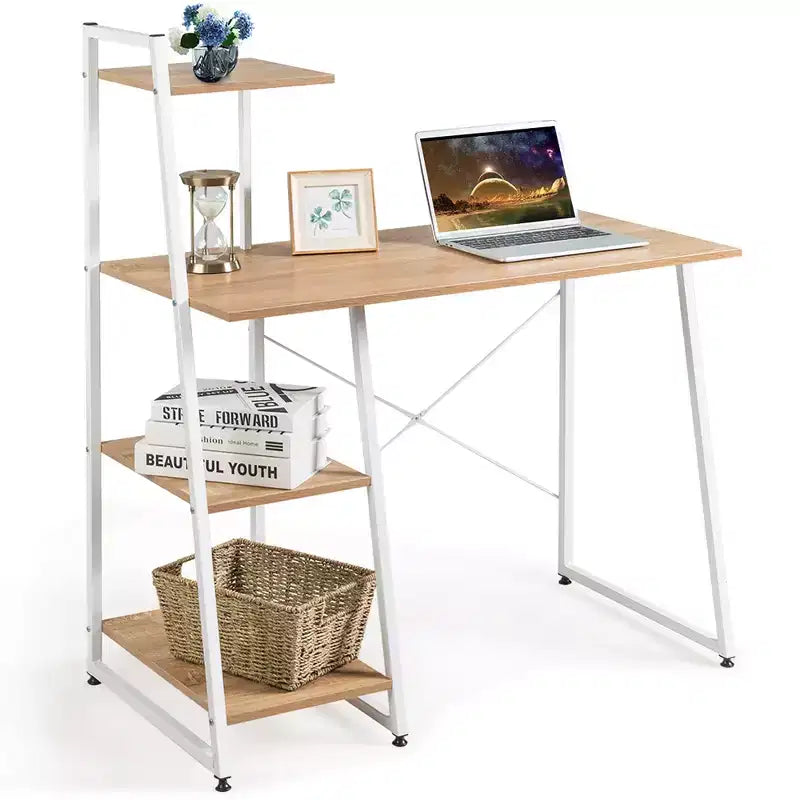 Costway Computer Desk with Shelves Study Writing Desk Workstation with Bookshelf Natural\Brown