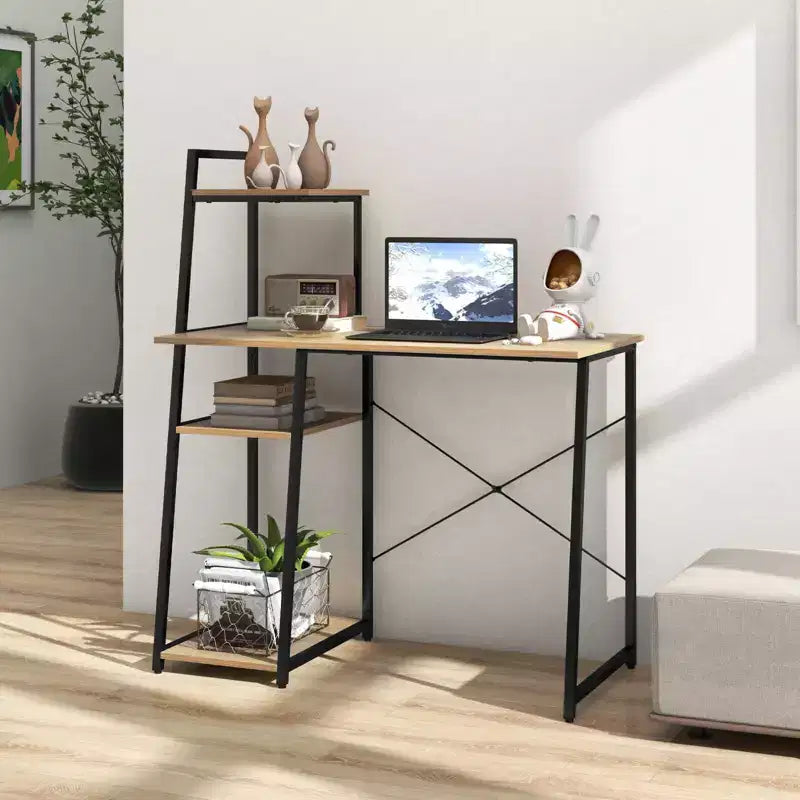 Costway Computer Desk with Shelves Study Writing Desk Workstation with Bookshelf Natural\Brown