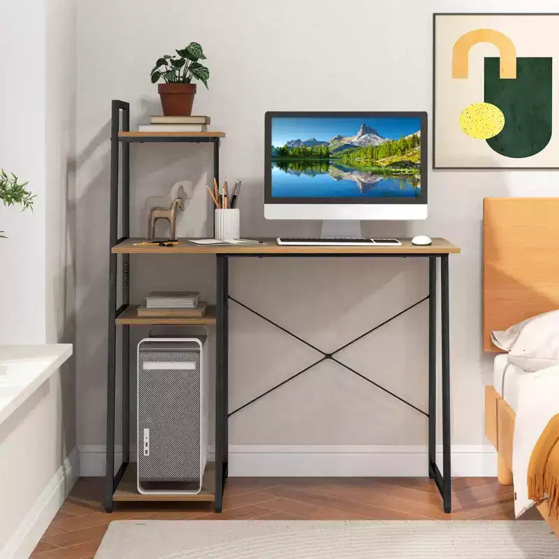 Costway Computer Desk with Shelves Study Writing Desk Workstation with Bookshelf Natural\Brown
