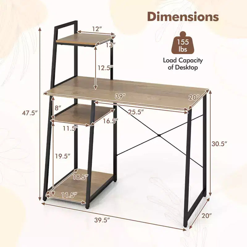 Costway Computer Desk with Shelves Study Writing Desk Workstation with Bookshelf Natural\Brown