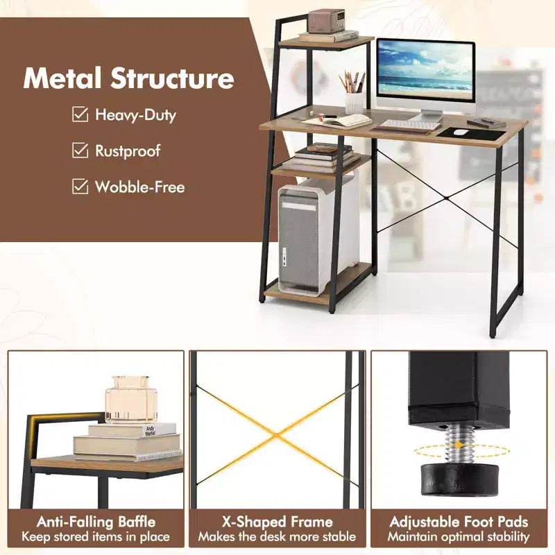 Costway Computer Desk with Shelves Study Writing Desk Workstation with Bookshelf Natural\Brown