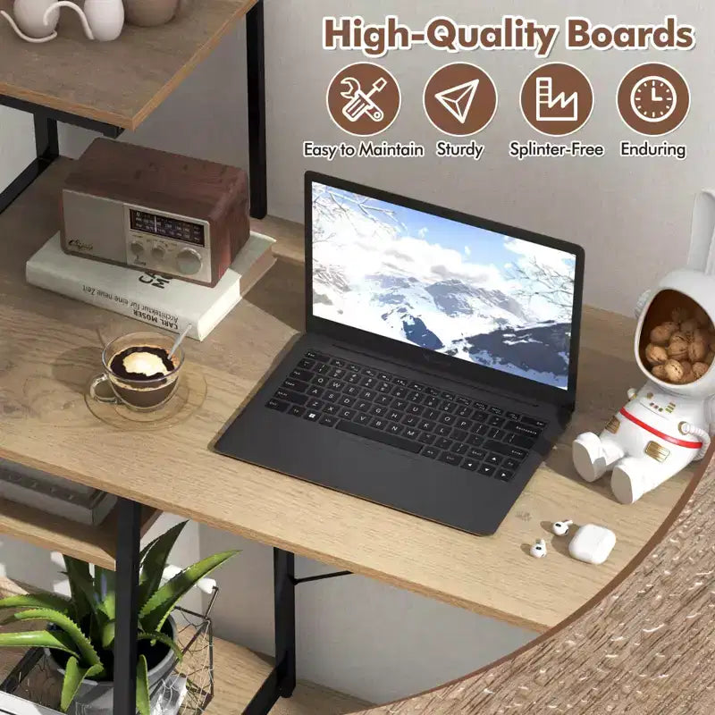 Costway Computer Desk with Shelves Study Writing Desk Workstation with Bookshelf Natural\Brown
