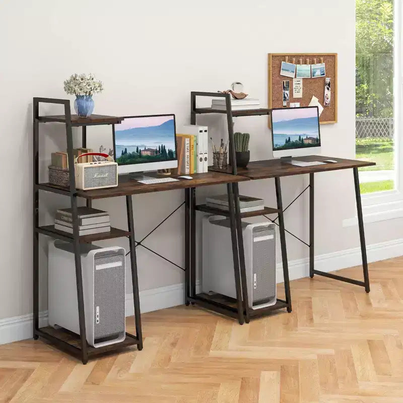 Costway Computer Desk with Shelves Study Writing Desk Workstation with Bookshelf Natural\Brown
