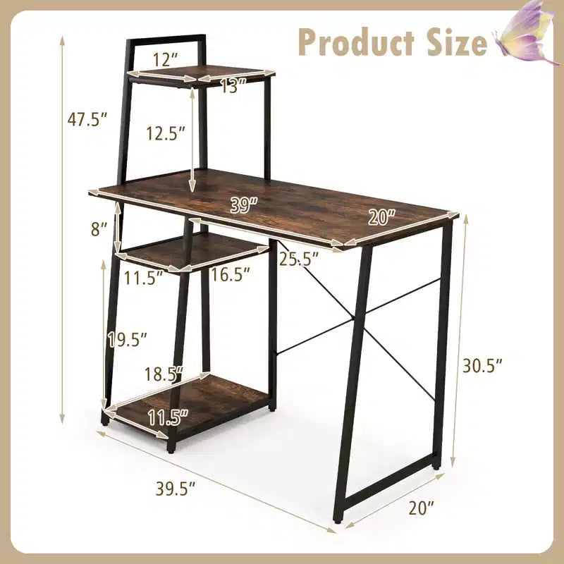 Costway Computer Desk with Shelves Study Writing Desk Workstation with Bookshelf Natural\Brown