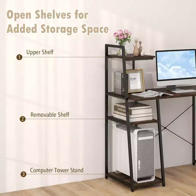 Costway Computer Desk with Shelves Study Writing Desk Workstation with Bookshelf Natural\Brown