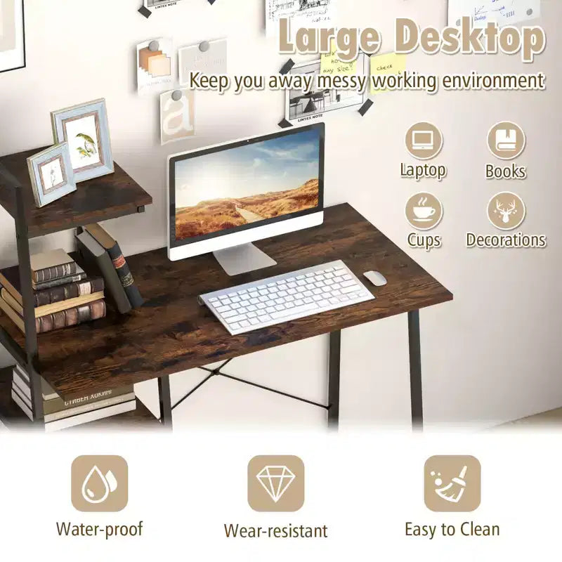 Costway Computer Desk with Shelves Study Writing Desk Workstation with Bookshelf Natural\Brown