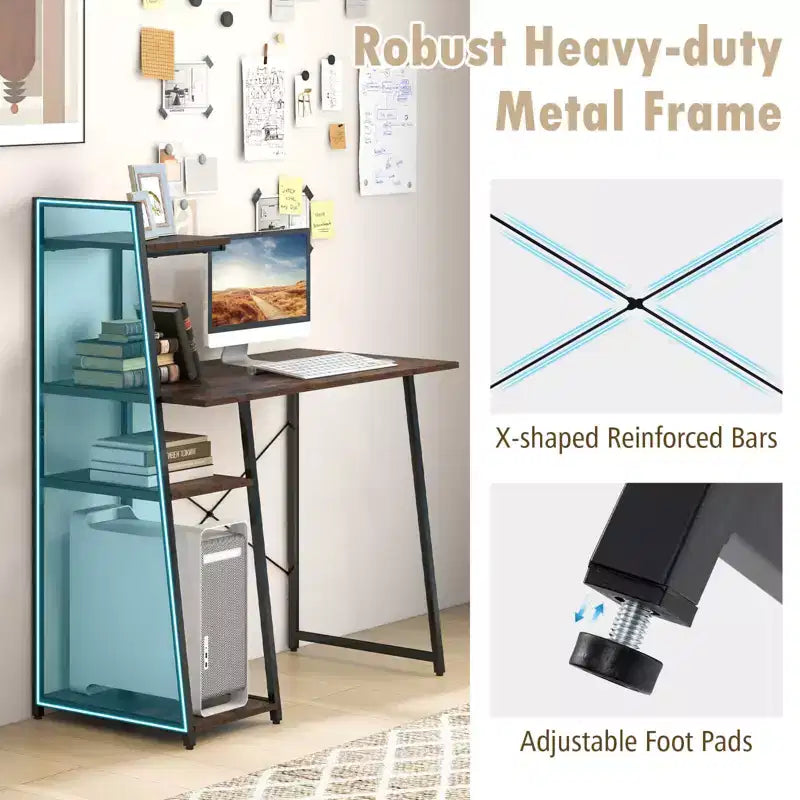 Costway Computer Desk with Shelves Study Writing Desk Workstation with Bookshelf Natural\Brown
