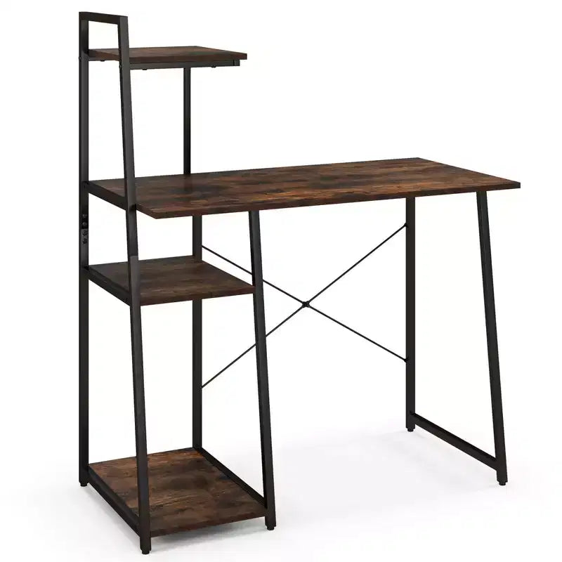 Costway Computer Desk with Shelves Study Writing Desk Workstation with Bookshelf Natural\Brown