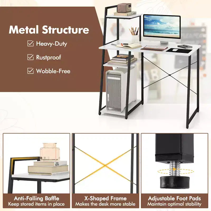 Costway Computer Desk with Shelves Study Writing Desk Workstation with Bookshelf Natural\Brown