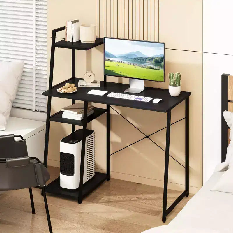 Costway Computer Desk with Shelves Study Writing Desk Workstation with Bookshelf Natural\Brown