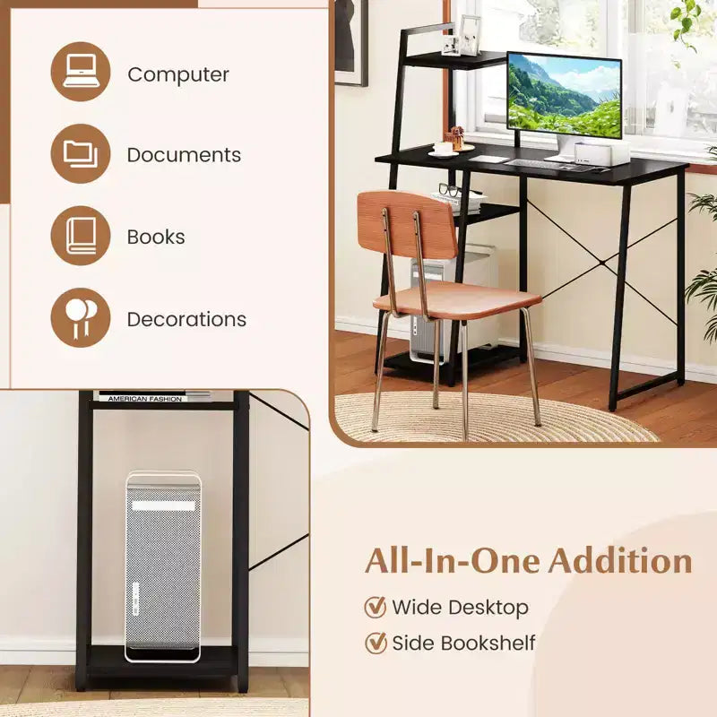 Costway Computer Desk with Shelves Study Writing Desk Workstation with Bookshelf Natural\Brown
