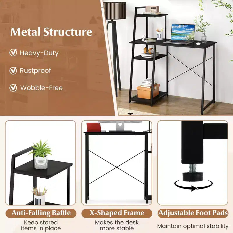 Costway Computer Desk with Shelves Study Writing Desk Workstation with Bookshelf Natural\Brown