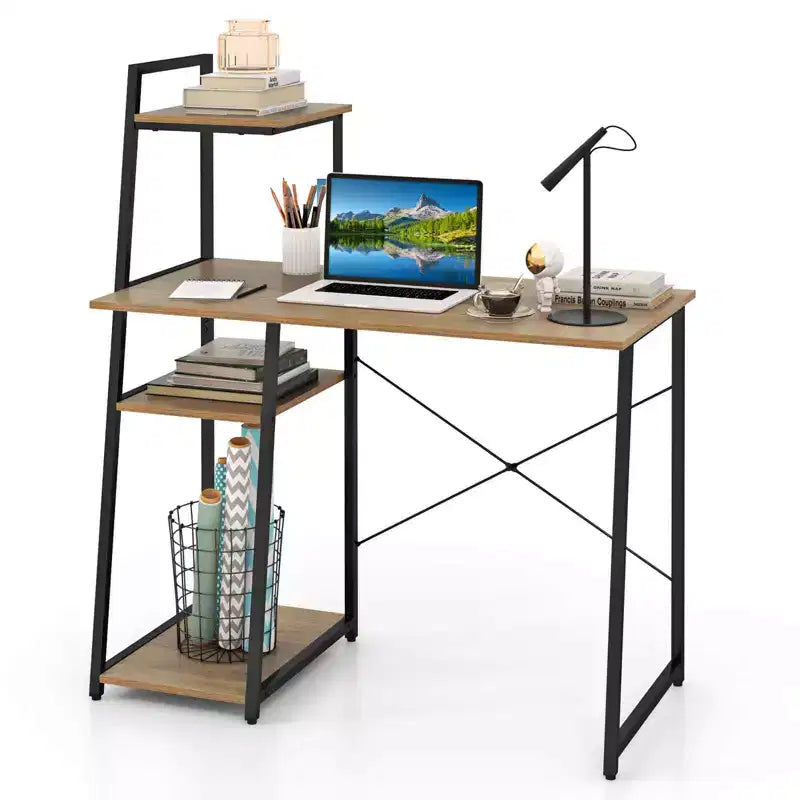 Costway Computer Desk with Shelves Study Writing Desk Workstation with Bookshelf Natural\Brown