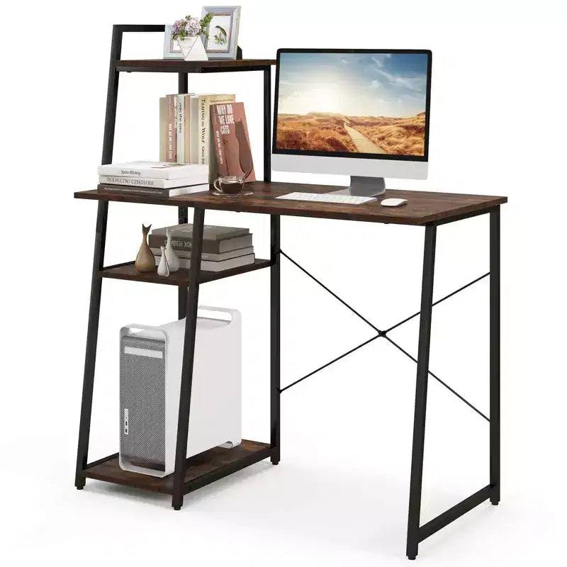 Costway Computer Desk with Shelves Study Writing Desk Workstation with Bookshelf Natural\Brown