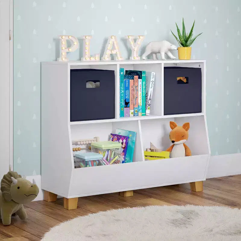 RiverRidge Kids' CatchAll Playroom 35 Toy Storage Organizer with 3 Cubbies and 2 Storage Compartments White with 2 Fabric Bins