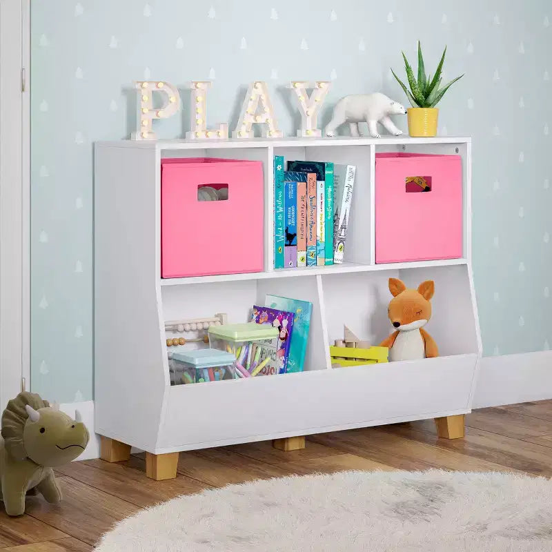 RiverRidge Kids' CatchAll Playroom 35 Toy Storage Organizer with 3 Cubbies and 2 Storage Compartments White with 2 Fabric Bins