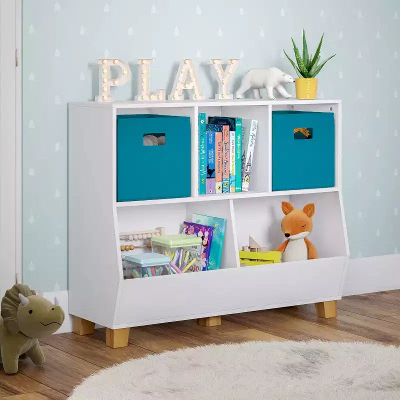 RiverRidge Kids' CatchAll Playroom 35 Toy Storage Organizer with 3 Cubbies and 2 Storage Compartments White with 2 Fabric Bins